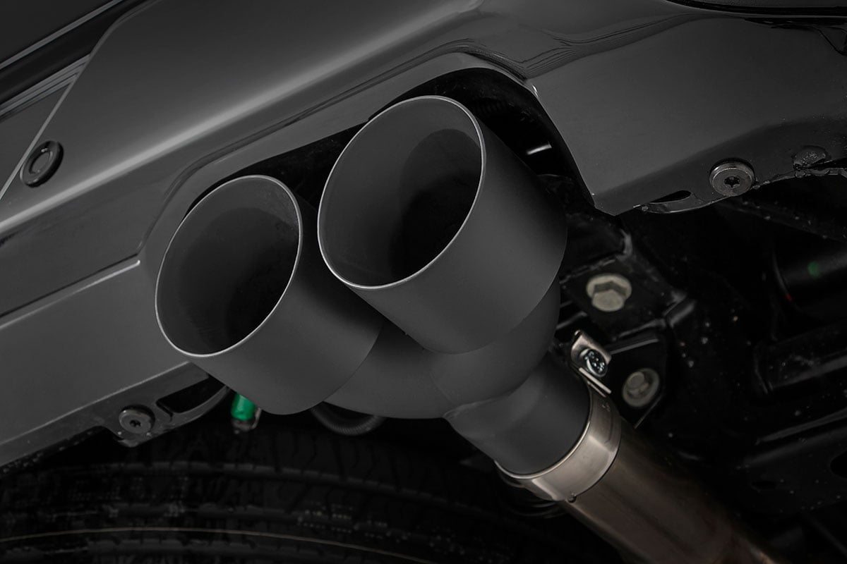 Chevrolet Silverado 1500 Performance Exhaust - Rear - Rough Country - Dual Cat-Back, Stainless, RC Logo Tips - Black - '19-'24
